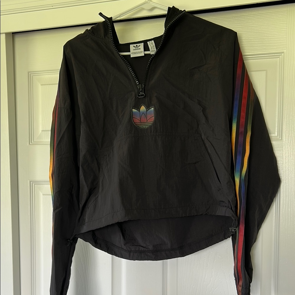 Adidas Black Windbreaker Jacket with Multicolor Stripes